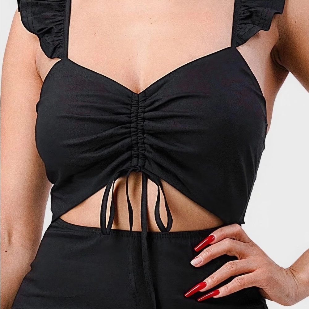 NWT Sweetheart Drawstring Bow Cutout Ruffled Flutter Mini Dress - Picture 4 of 6